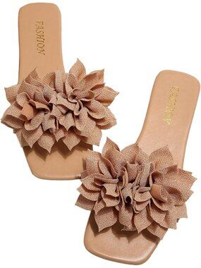 Women's Apricot 3D Floral Square Open Toe Single Band Casual Slip on Flats Slide